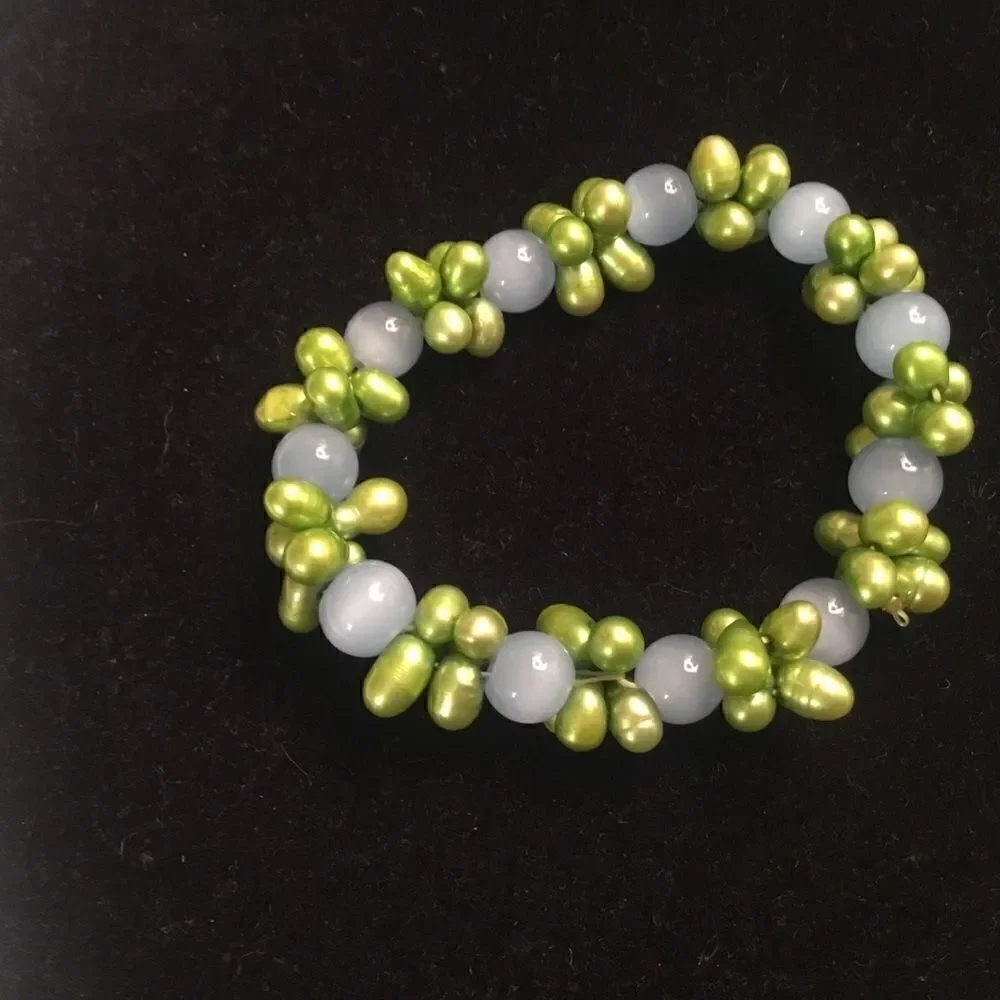 Blue Bead With Faux Pistachio Pearls Stretch Bracelet